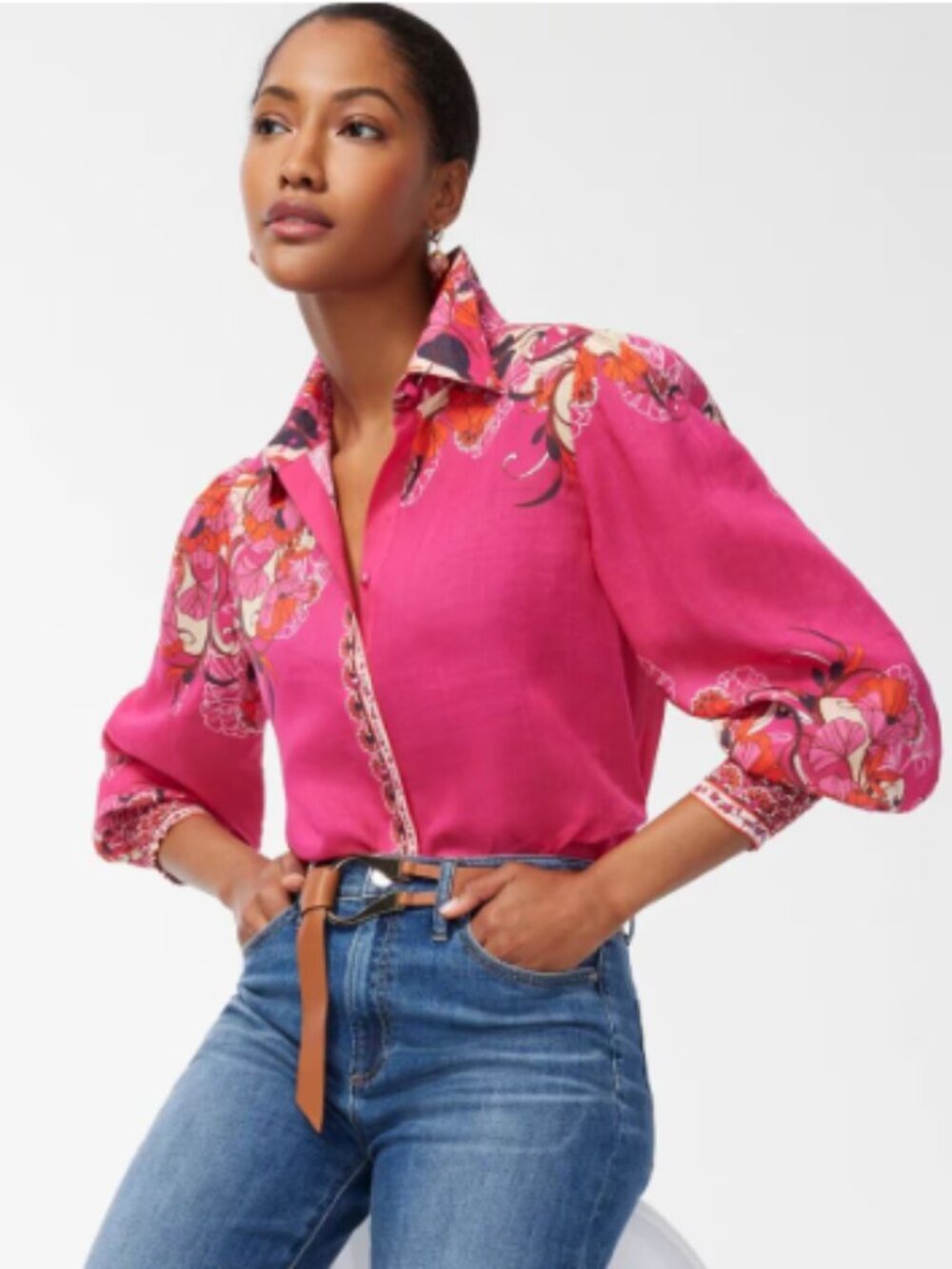 Chico's Floral Drama Puff Sleeve Shirt In Ultra Pink womens size 20 NWT